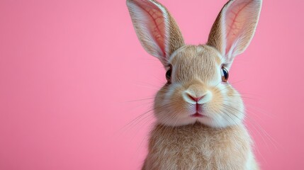 Obraz premium Photo of a little bunny, on a soft pink background Easter theme