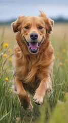 A dog running through a grassy field with a joyful expression, capturing the essence of freedom, Pet care, Photography, Bright and lively