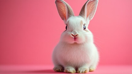 Obraz premium Photo of a little bunny, on a soft pink background Easter theme