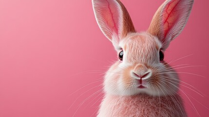 Obraz premium Photo of a little bunny, on a soft pink background Easter theme