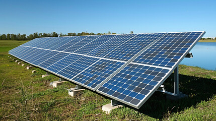 solar panel field under a clear sky, soft natural lighting, balanced exposure, cool blue and green tones for green tech innovation.