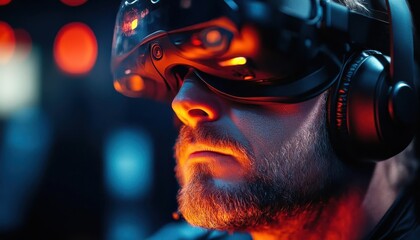 A gamer wearing a headset, fully immersed in a virtual world, Gaming, Lifestyle photography, Cool and intense