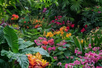 A vibrant display of colorful flowers bloom in a lush, tropical garden, Lush, blooming flowers in a vibrant garden