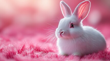 Photo of a little bunny, on a soft pink background Easter theme