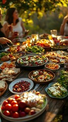 Obraz premium A group of friends enjoying a picnic with a variety of colorful dishes, Food, Photography, Warm and lively