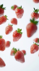 Strawberries float against a white background, showcasing their vibrant red color and green leave