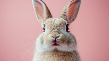 Obraz premium Photo of a little bunny, on a soft pink background Easter theme
