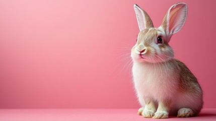 Fototapeta premium Photo of a little bunny, on a soft pink background Easter theme