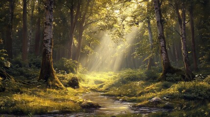 Obraz premium Sunlit Forest Path with Birch Trees and Stream