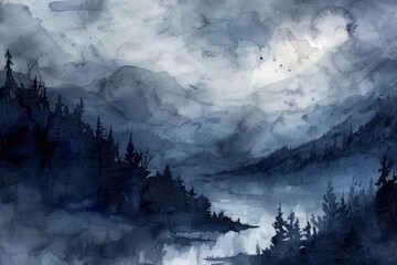 A dark, moody watercolor painting depicting a silhouetted forest and mountains, A moody watercolor scene with deep shades of gray and blue