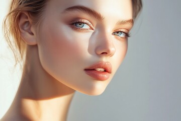 Fototapeta premium Elegant portrait showcasing a womans youthful glow under artistic lighting in modern beauty style. Generative AI