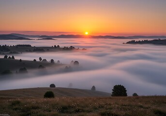 Fototapeta premium Sunrise Over Rolling Hills Engulfed in Mystical Fog Layers