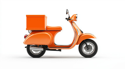 a close up of delivery scooter in orange  color and black  two wheels with orange food box isolated on white background