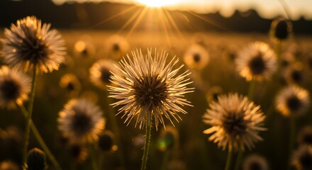 Obraz premium Thistle Flowers Field at Sunset Glowing with Warm Golden Light