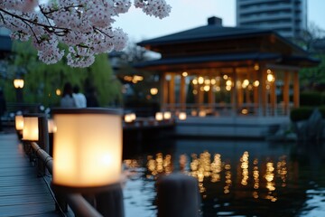 A serene evening scene featuring illuminated cherry blossoms beside a peaceful body of water, creating a tranquil and picturesque atmosphere for relaxation and reflection.