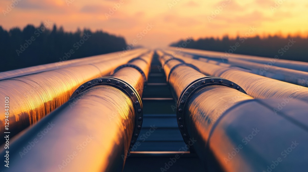 Poster long perspective view of metallic gas pipelines stretching into the horizon under a vibrant sunset. 