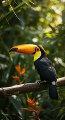 Toucan Perched on Branch in Lush Rainforest Environment Natural Light