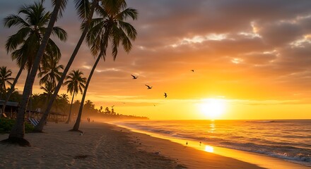 Fototapeta premium Tropical Beach at Sunrise with Palm Trees and Birds Flying