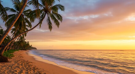 Tropical Beach at Sunrise with Palm Trees and Golden Light