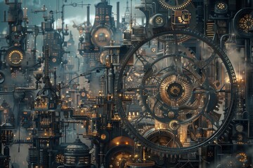 An illustration of a steampunk industrial cityscape with intricate gears and cogs, lit by warm lights, A steampunk-inspired industrial cityscape with gears and machinery everywhere