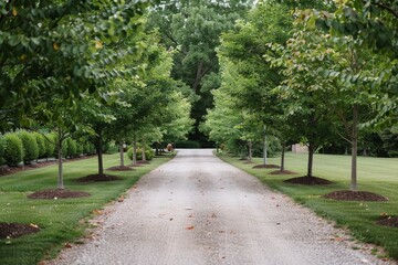 Fototapeta premium A gravel path lined with trees leads to an open ceremony area, A tree-lined path leading to the ceremony