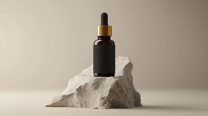 Essential oil bottle for skincare with dropper and stone paper, highlighting an aesthetic minimalist design