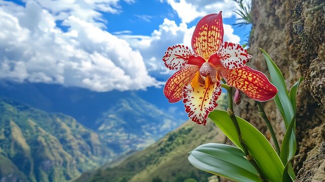 Vibrant Speckled Orchid on a Rocky Ledge Above the Valley / 谷を見下ろす岩棚に咲く斑点のある鮮やかなラン