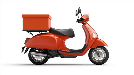 delivery modern  scooter  or   in red  color and black  two wheels with red  food box isolated on white background