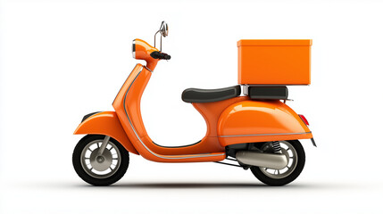 Obraz premium delivery scooter or in orange color and black two wheels with orange food box isolated on white background