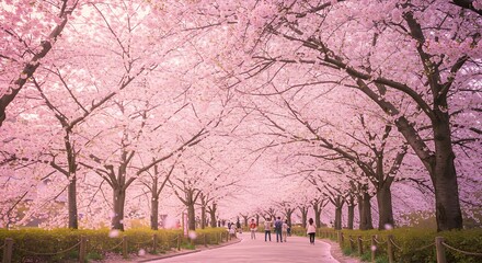 Naklejka premium Walking Under Cherry Blossoms Blooming in Spring Along Winding Path