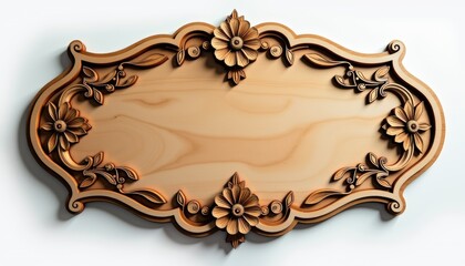 Wooden sign cut out with elegant laser engraving, floral pattern, isolated on white