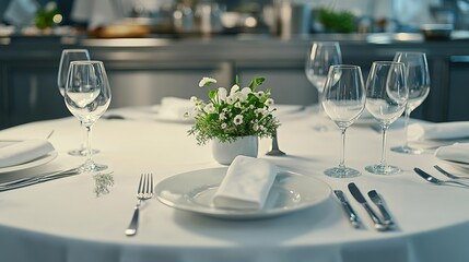 Elegantly Set Table for Fine Dining with Floral Centerpiece and Wine Glasses