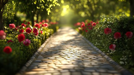 Enchanting secret garden pathway with blooming roses and dappled sunlight