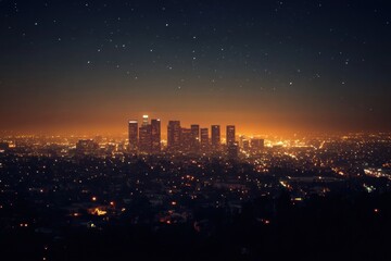 Fototapeta premium City skyline at night brightened by glowing lights and scattered stars above in a bustling urban landscape. Generative AI