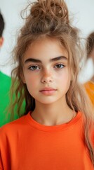 Fototapeta premium A young girl stands in front with a confident expression, wearing an orange shirt. Friends in green and blue shirts are slightly blurred behind her in a bright, vibrant setting