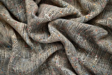 Fototapeta premium Close-up of light gray tweed fabric with black & white checks, specks of red, blue, yellow, and orange, A nubby and rough tweed fabric with flecks of color