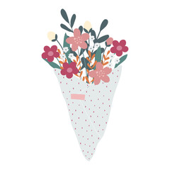 Hand drawn vector simple bouquet in flat style. Bunch of flowers in pastel colours. Spring illustration with leaves and petals
