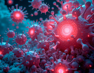 Microscopic view of cancer cells being destroyed. CGI representation of immune cells attacking cancerous growths for clarity.