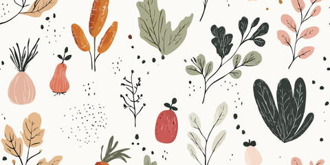 Hand-drawn botanical seamless pattern. Elegant nature repeat background for kitchen, restaurant, design, packaging, fabric, wallpaper, branding, stationery, wrapping paper, interior