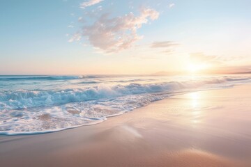 Fototapeta premium A serene beach at sunrise, with gentle waves rolling onto the shore, The tranquil beauty of a beach at sunrise, with waves gently lapping against the shore