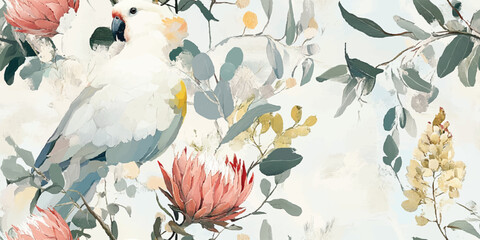 Exotic bird and flower seamless pattern. Tropical wildlife repeat background for design, packaging, fabric, wallpaper, branding, stationery, wrapping paper, interior