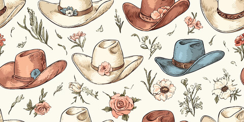 Cowgirl hat floral seamless pattern. Elegant country repeat background for design, packaging, fabric, wallpaper, branding, stationery, wrapping paper, interior