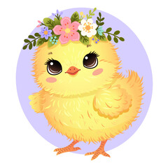 Adorable Easter chick vector illustration with floral wreath, big sparkling eyes and fluffy feathers