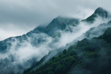 Fototapeta premium A panoramic view of rolling hills cloaked in dense fog, with hints of green foliage emerging from the misty depths, Low-hanging fog enveloping the tops of mountains like a blanket