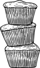 
Stack of three Muffins in line art style for groceries, packaging and advertising 