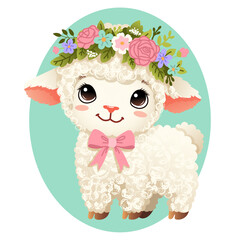 Adorable Easter lamb vector illustration with a floral wreath, pink bow, and big sparkling eyes