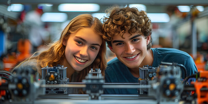 Pareja de adolescentes sonrientes mientras estudian enun salon con impresoras 3d