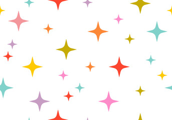 Seamless pattern with stars and sparks. Christmas, birthday design in vibrant colors on a light background. Trendy modern vector illustration. Cute hand drawn flat design