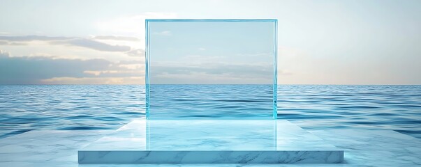 Glass podium with a background blue water Mock-up a retail product or cosmetic display stand, skincare, and pharmaceutical commercial
