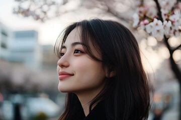 The image shows a woman smiling with cherry blossoms in the background, embodying a sense of joy and contentment amidst the enchanting scenery of springtime.